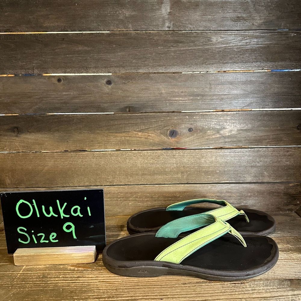 Womens Olukai Ohana Green‎ Comfort Leather Sandals Flip Flops Size 9 M GUC